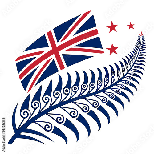 New zealand flag with silver fern leaf and stars.