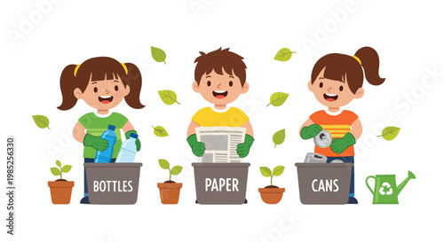 Happy children are sorting recyclables into labeled bins to promote environmental awareness and sustainable living practices.