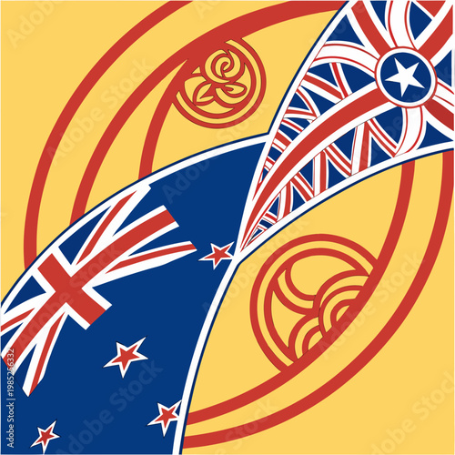 New zealand and uk flags with maori patterns.