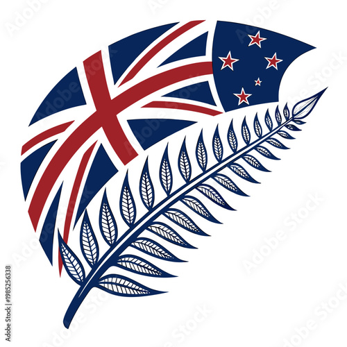 Silver fern leaf with new zealand flag background.