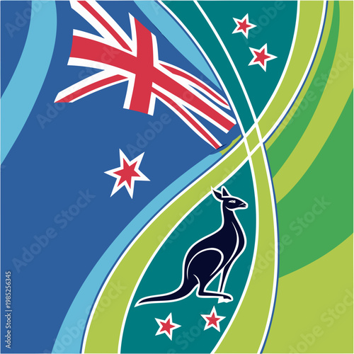 Kangaroo silhouette with new zealand flag motifs.