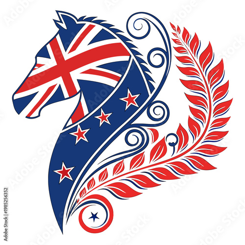 Horse head silhouette with new zealand flag art.