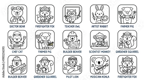 Collection of cartoon animal characters dressed as various professions, presented in a grid format for coloring pages.