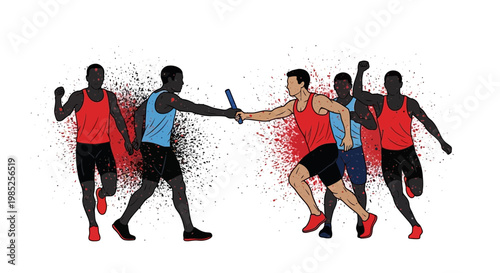 Athletes passing baton in relay race, dynamic illustration, white background