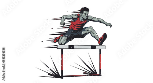 Athletic man jumping over hurdle, track and field competition, dynamic motion