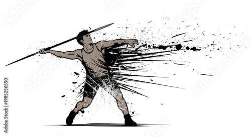 Athletic man throwing javelin with explosive ink splash effect