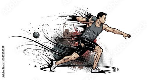 Athletic man throwing shot put with dynamic motion graphic effects