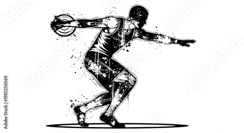 Discus thrower silhouette in action, dynamic ink splash effect