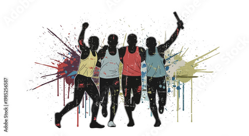 Diverse runners team crossing finish line with colorful paint splashes