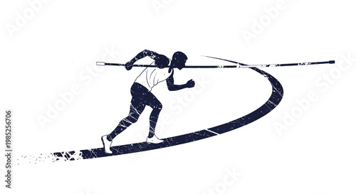 Silhouette of pole vaulter running with pole against white background