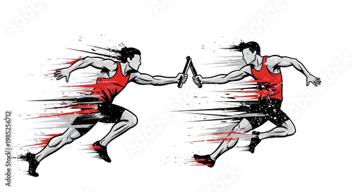 Runners passing baton, dynamic action, track and field, speed, competition
