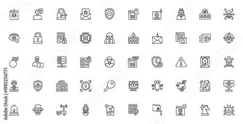 Hacker icon set. Cybersecurity vector icons pack. Includes hacker, phishing, firewall, virus, ransomware, shield, password, attack and more. Editable stroke.