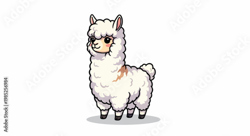 Charming cartoon llama illustration of a fluffy white animal standing on a soft shadow in a minimalist setting
