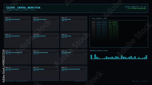 Cloud Infrastructure Monitoring Dashboard with Distributed Compute Cluster Node Loading Progress Bars and Network Latency Pulse Graphics.