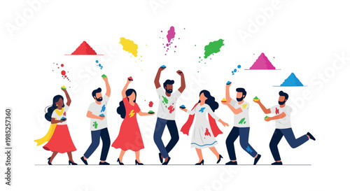 Group of diverse people celebrating Holi with colorful powders and flying kites on a white background with a vibrant and festive mood.