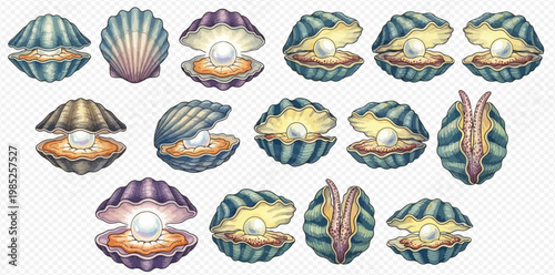 Collection of various colorful pixel art clams with pearls inside, perfect for game assets.