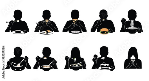 Εκτύπωση καμβά Set of silhouettes of people eating various foods including sushi, pizza, burger