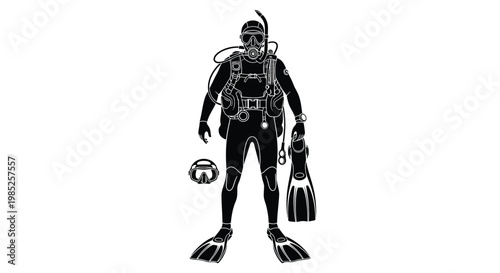 Fotografie Scuba diver silhouette with diving equipment, including a wetsuit, mask, snorkel