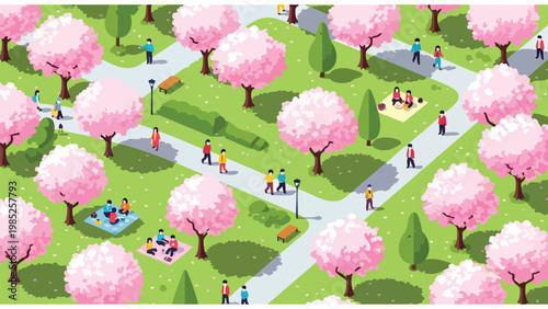 Spring Park Picnic & Stroll: Isometric People, Cherry Blossoms, Outdoor Recreation