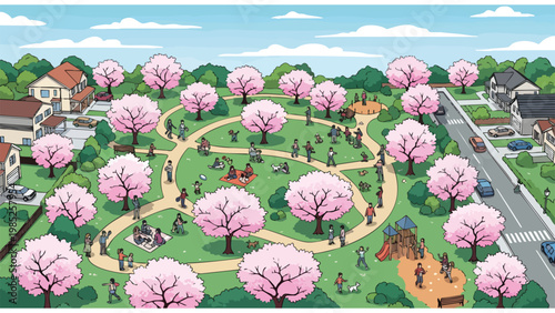 Spring Park Scene: People Enjoying Blossoming Trees, Playgrounds & Neighborhood Life