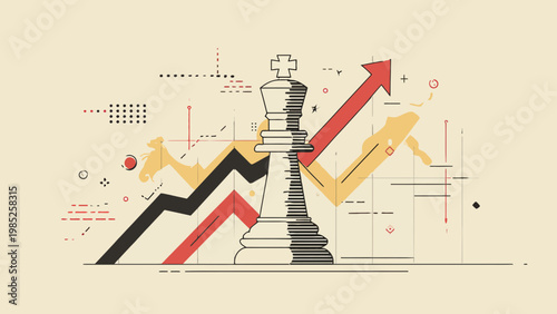 Strategic business growth concept featuring a chess king amidst dynamic upward financial graphs and data, symbolizing planning, market analysis, and ultimate success