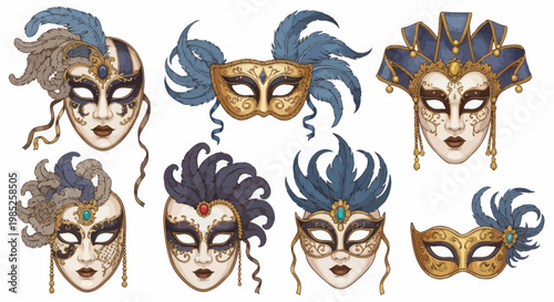 Collection of Ornate Venetian Masquerade Masks with Feathers and Jewels
