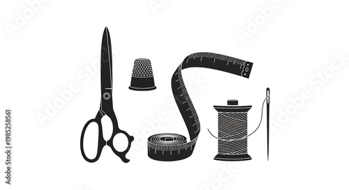 Set of sewing tools including scissors, thimble, measuring tape, spool of thread and needle