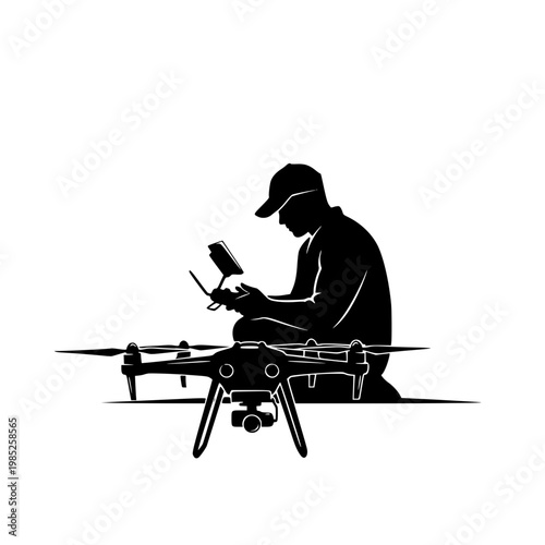 Silhouette of a drone operator with remote control and quadcopter