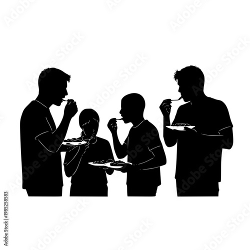 Silhouette of a group of people standing and eating together