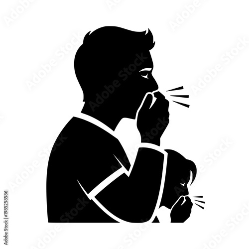 Silhouette of a man and child coughing representing illness and flu