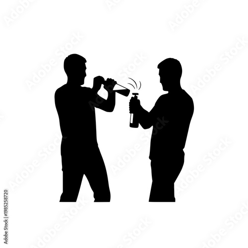 Silhouette of Two Men Opening Beer Bottles for Celebration
