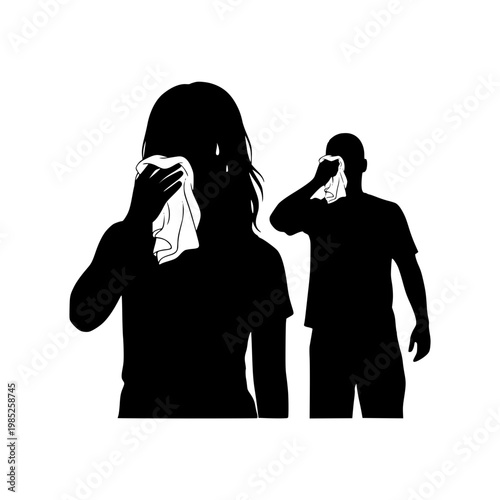 Silhouettes of man and woman wiping sweat from their foreheads with towels