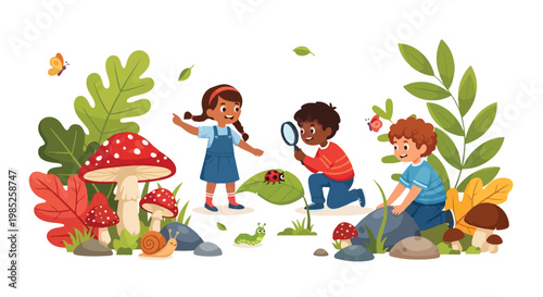 Young children explore a vibrant forest floor, discovering small insects and mushrooms with a magnifying glass in this playful outdoor scene.
