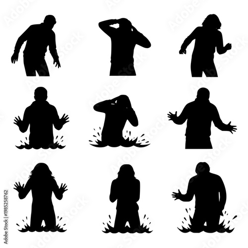silhouettes of people drowning and struggling in water vector collection