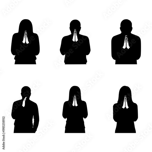 Silhouette Set of People Praying and Meditating with Joined Hands