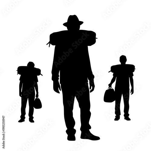 Silhouettes of Three Men Traveling with Backpacks and Bags Isolated on White