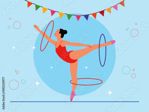 A rhythmic gymnastics scene featuring a gymnast performing with hoops. Circus illustrations. Flat vector concepts.