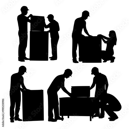 Vector Silhouettes of Construction Workers and Movers Handling Boxes