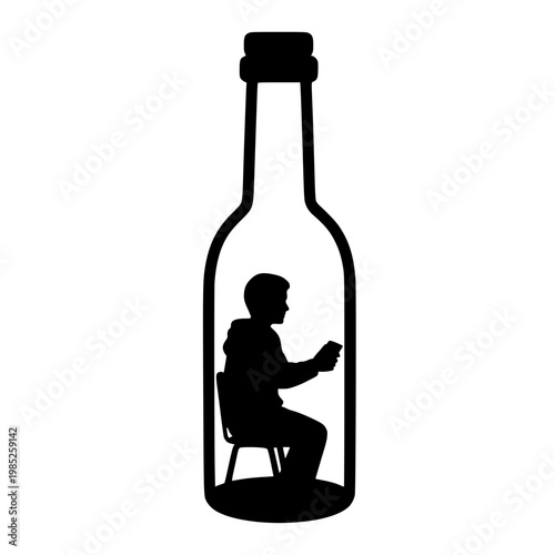 Silhouette of a person trapped inside a bottle using a smartphone