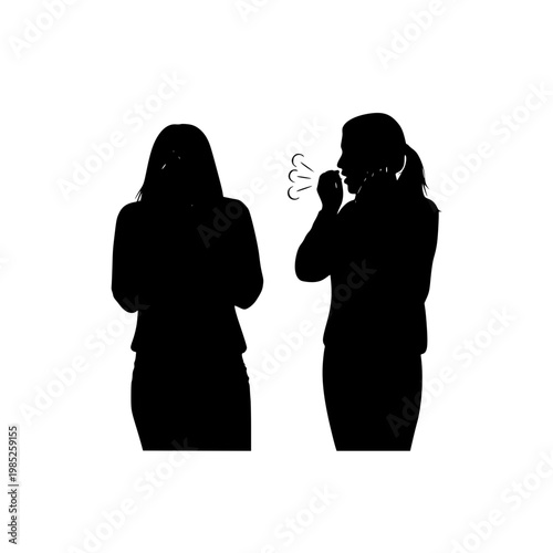Silhouette of a woman coughing near another person spreading germs and virus
