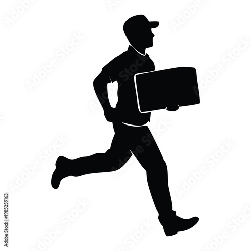 SILHOUETTE OF PACKAGE COURIER WITH WHITE BACKGROUND