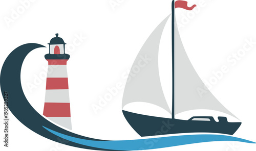 Sailboat and lighthouse with ocean wave minimalist flat vector illustration