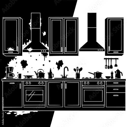 Black and White Illustration of a Dirty and Clean Kitchen Interior Comparison
