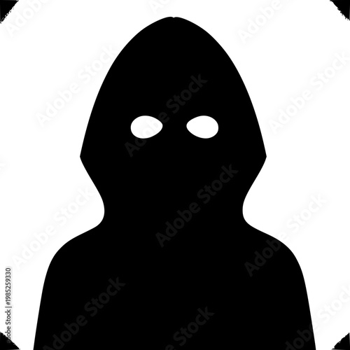 Black silhouette of a hooded figure with white eyes on white background