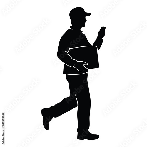 SILHOUETTE OF A PACKAGE COURIER HOLDING A PHONE WITH A WHITE BACKGROUND