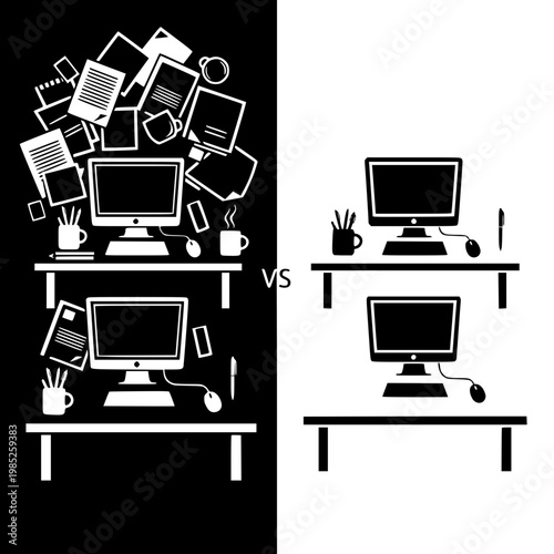 Comparison of Cluttered and Minimalist Office Workspace Vector Illustration