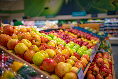 Fresh apples display in supermarket produce section with shallow depth of field