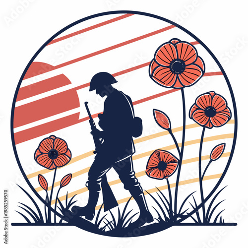 Soldier walking through poppy field at sunset.