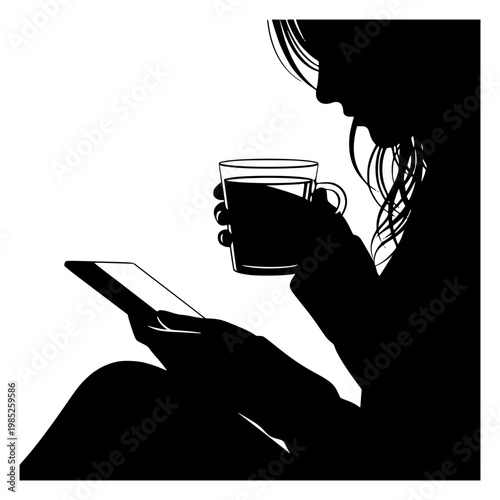 Silhouette of woman drinking coffee and using a smartphone