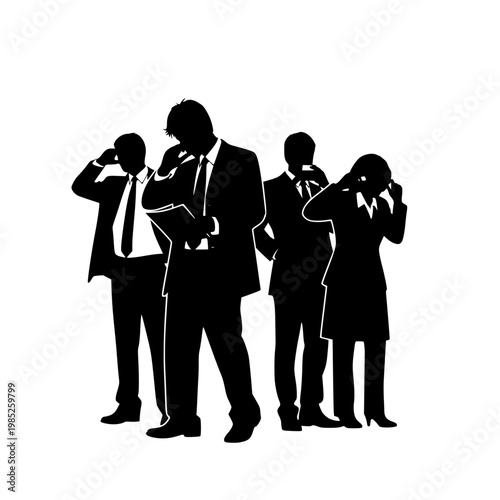 Group of busy business people silhouettes on white background